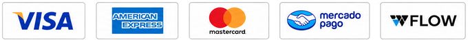 Medios de pago: Visa, American Express, Mastercard, Mercado Pago y Flow