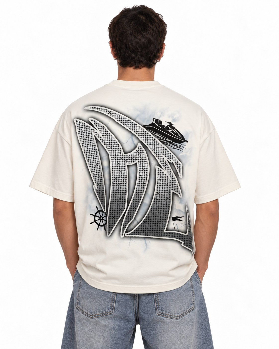 Jetski Rhinestone Tee crudo - modelo espalda