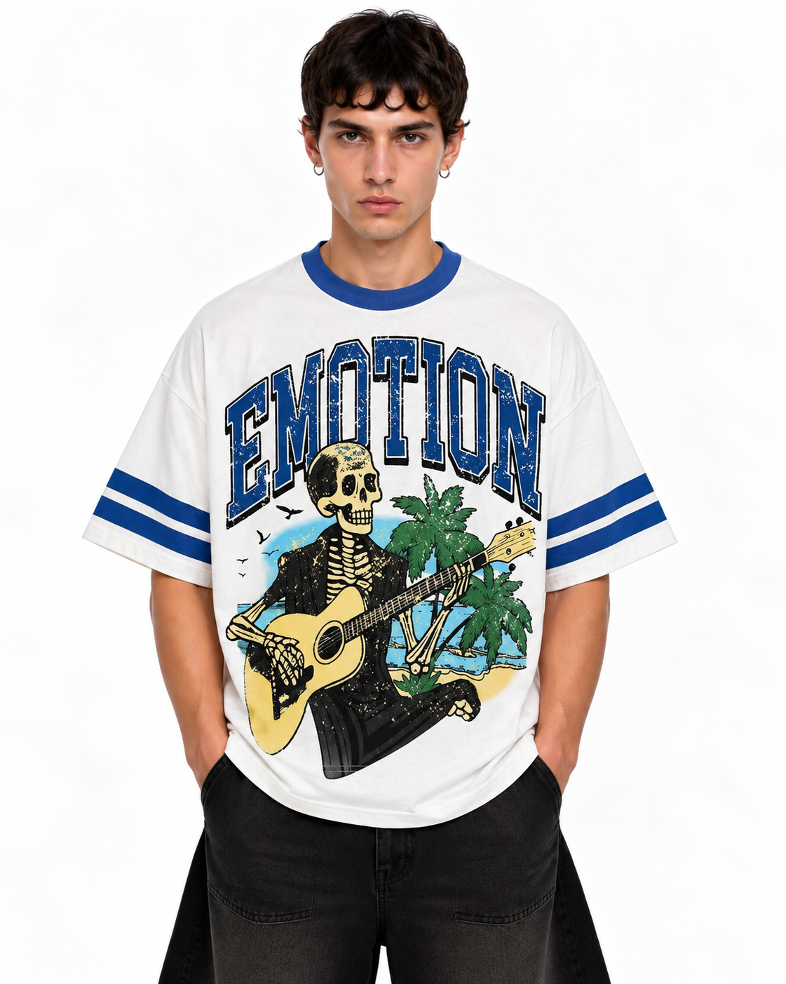Skeleton Ringer Tee blanca y azul - modelo frente